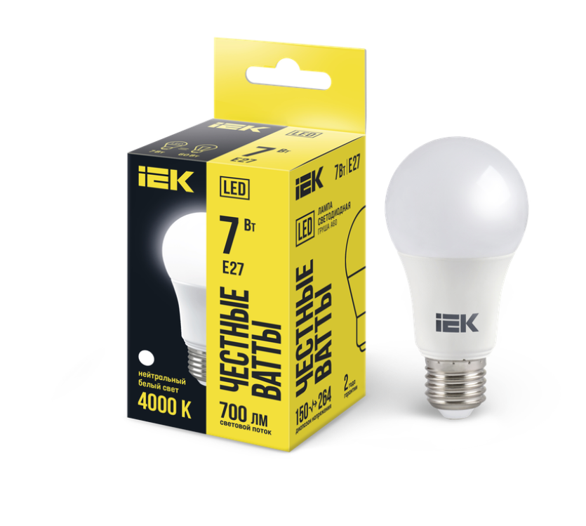 Лампа светодиодная LED 7Вт 4000К 700Лм А60 Е27 груша, нейтральный белый ECO IEK